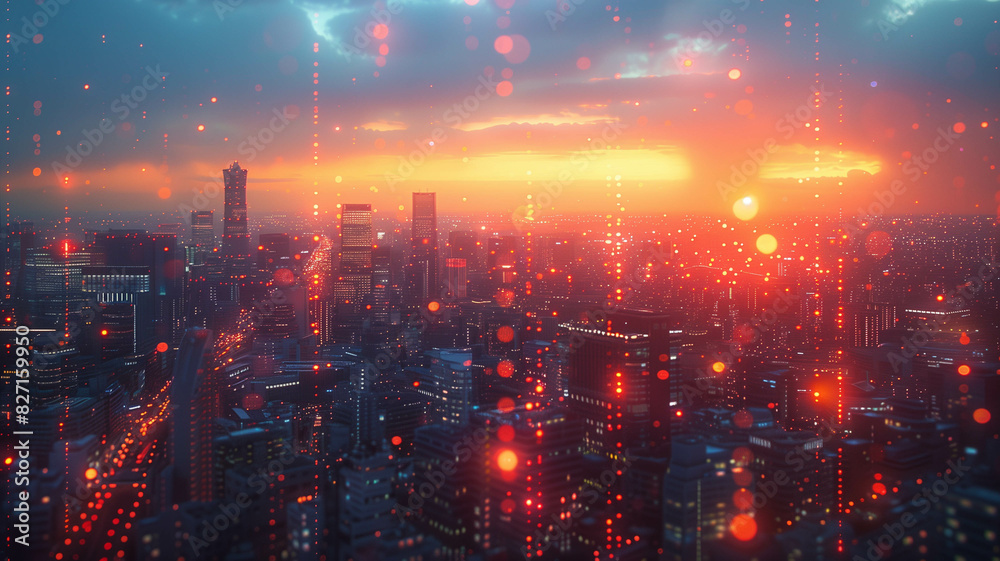 Fototapeta premium Futuristic cityscape with network connections, data transfer concept, digital technology background, aerial view of urban area at night.