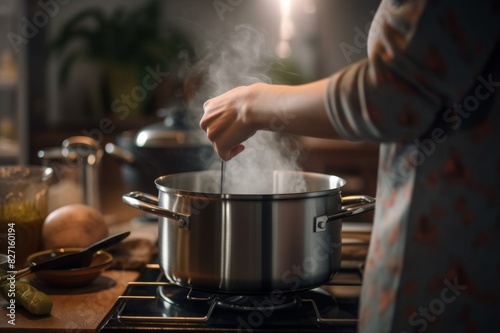 Unrecognizable woman making lunch in the kitchen and stirring soup