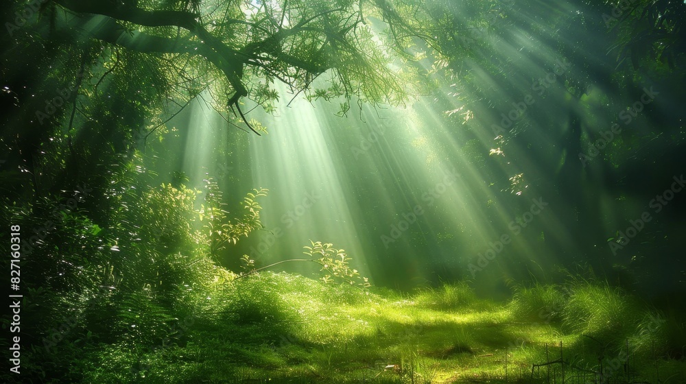 Obraz premium Beautiful sunlight filtering through the lush green trees in high-quality forest photo
