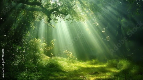 Beautiful sunlight filtering through the lush green trees in high-quality forest photo