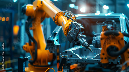 A car is being built in a factory with robots. Scene is industrial and mechanical