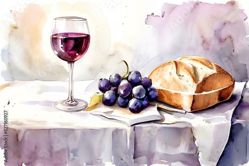 Eucharistic symbols. Lord's supper symbols. Bible, wine glass and bread on the table. Digital watercolor painting.