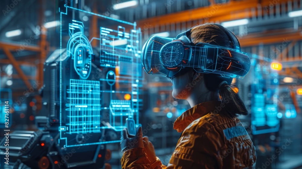 Fototapeta premium Professional Using VR Headset for Digital Interaction in High-Tech Workplace
