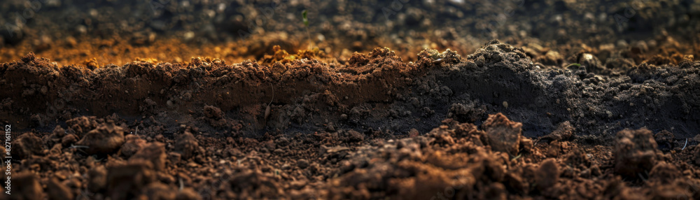 Side view close-up of fertile garden soil, showcasing different textures and layers, illuminated by soft morning light, sharp and clear focus, realistic and inviting Side view close-up of fertile garden soil, showcasing different textures and layers, illuminated by soft morning light, sharp and clear focus, realistic and inviting