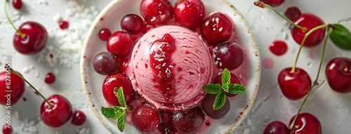 Wide banner photo of delicious scoop of rose pink color cherry ice cream sorbet on an icecream cup with cherries and pieces around in white background