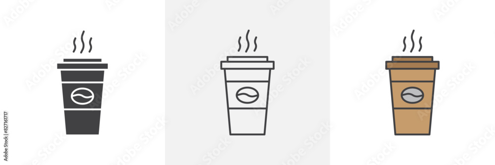 Coffee icon set. Vector icon of takeaway coffee cup in disposable drink pictogram.