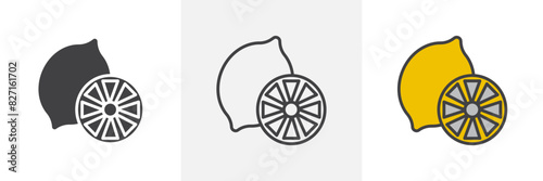 Lemon icon set. Vector symbol of fresh lemonade in citrus fruit. Citric acid lemon icon.