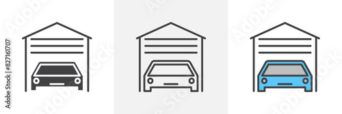 Garage car icon set. Vector symbol of home car parking in automobile repair.