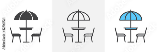 Terrace icon set. Vector symbol of outdoor dining cafe table in rooftop restaurant.