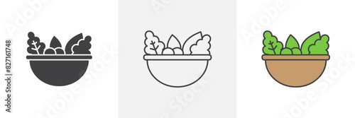 Salad icon set. Vector icon of healthy salad bowl with vegetables and fruits for vegetarian diet. Lettuce and carrot salad.