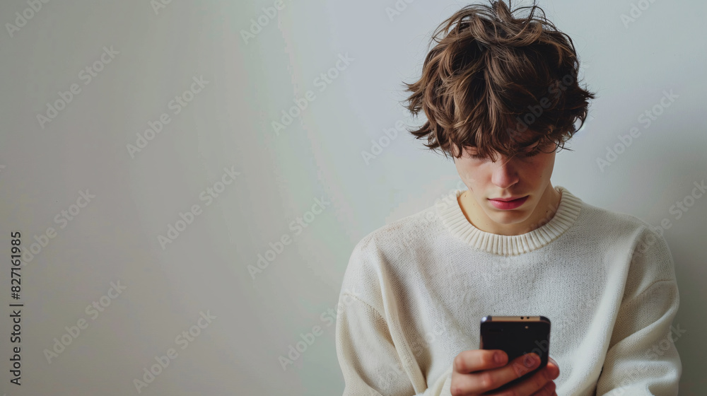 Young man looking sad while holding smartphone, white isolated background Young man looking sad while holding smartphone, white isolated background