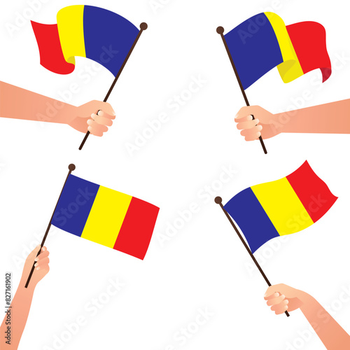 Vector flat design illustration hand holding and waving the national flag of romanian independence day, patriotic concept on white background