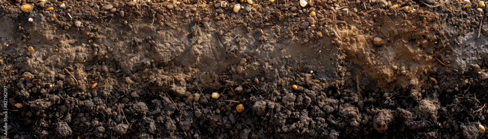 Side view close-up of fertile garden soil, showcasing different textures and layers, illuminated by soft morning light, sharp and clear focus, realistic and inviting Side view close-up of fertile garden soil, showcasing different textures and layers, illuminated by soft morning light, sharp and clear focus, realistic and inviting