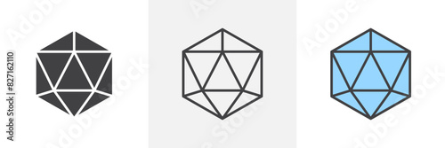 Dice d20 graphics. Die with 20 sides vector. 3D d20 polyhedron symbol.
