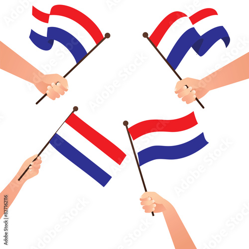 Vector flat design illustration hand holding and waving the national flag of dutch netherlands independence day, patriotic concept on white background