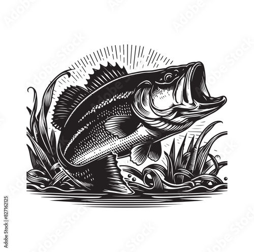 bass fish silhouette. fish illustration. jumping fish