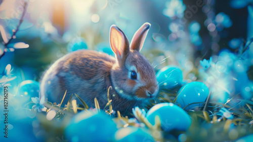 Easter scene with eggs and mini rabbit toys, blue background 