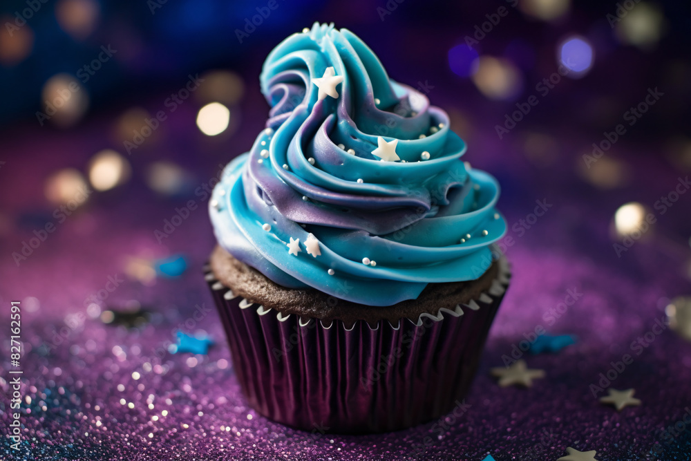 Single cupcake with blue and purple and purple galaxy frosting with sugar sprinkles