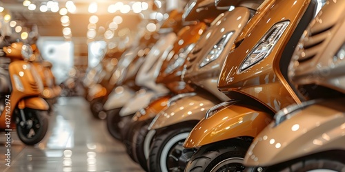 Freshly available scooters on display in a shop waiting for new owners. Concept Scooters, Shop Display, New Arrivals, Vehicle Showroom photo