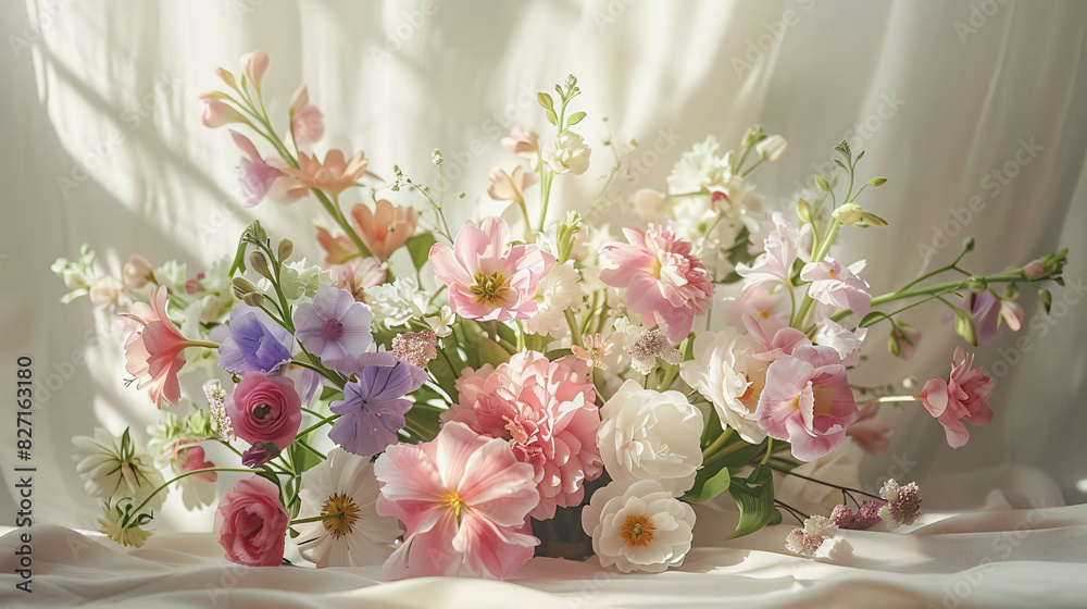 Fototapeta premium Beautiful bouquet of fresh spring flowers arranged on a light background