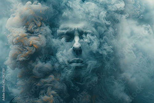 A face made of smoke and fog in the style of Leonardo da Vinci, creating an atmosphere that blends ancient art with modern photography techniques. Created with Ai