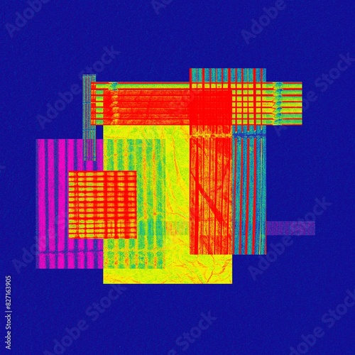 Graphic resources concept. Abstract contemporary and modern illustration background of various vivid colorful rectangle geometric shapes. Lines pattern in squares. Blue background