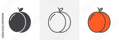Peach vector set. Apricot fruit graphic. Butt icon.