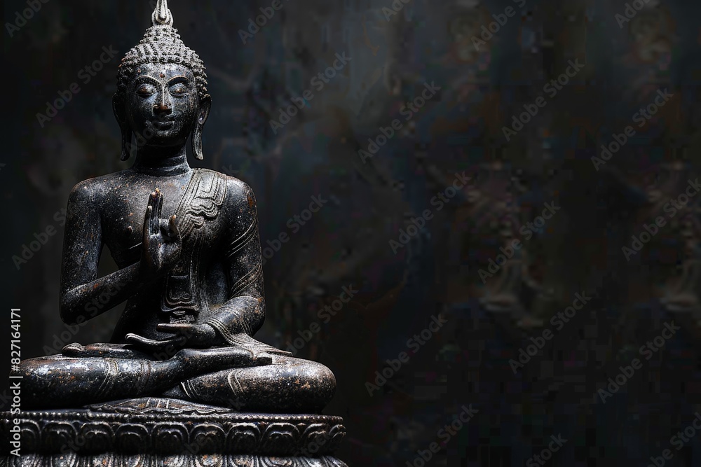 Statue of Buddha sitting in meditation With black space on the right hand side Statue of Buddha sitting in meditation With black space on the right hand side