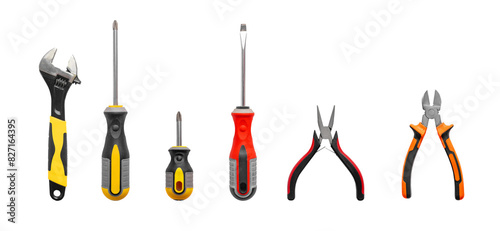 Equipment set isolated on white background, including metallic screwdriver, work tool, steel object for repair. Industrial mechanic hardware, red hand instrument, closeup, transparent background