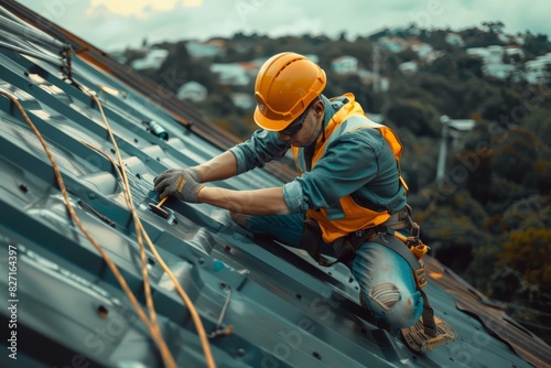Technician in shirt and jeans wear helmet safety suit hand use screwdriver tool install repair C-Pack roof on high work place. Workers work at heights with full safety suits on construction sites