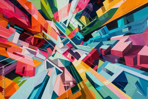 Deliver a visually striking interpretation of abstract themes by infusing vibrant colors into intricate geometric shapes