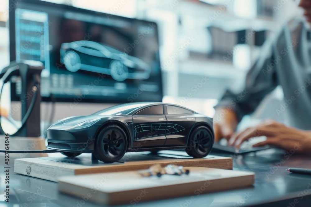 Focus scale EV car and charging station mockup model on blurred background of automotive design engineer working on designing and looking for improvement for EV car design on laptop Focus scale EV car and charging station mockup model on blurred background of automotive design engineer working on designing and looking for improvement for EV car design on laptop