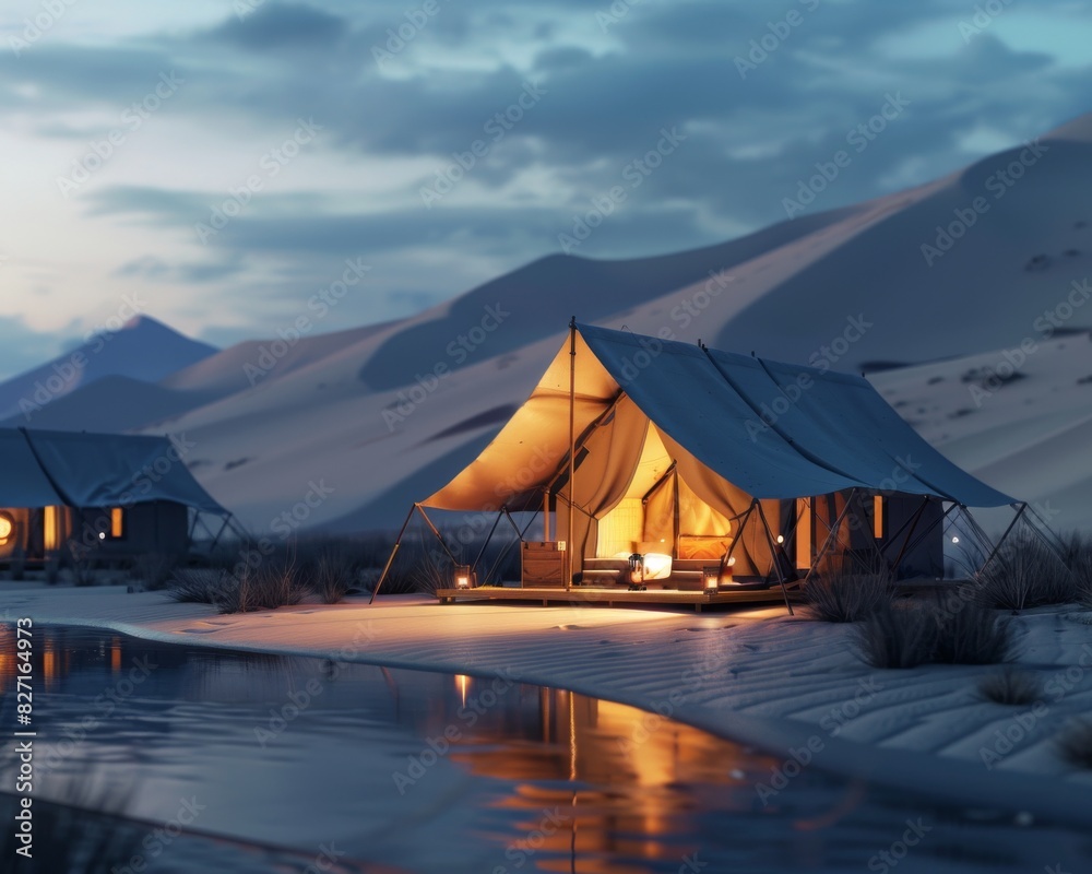 Desert Oasis Luxurious tents or cabins in the desert with beautiful dune landscapes