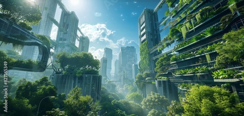 Design a captivating futuristic cityscape where towering skyscrapers are overtaken by vibrant greenery photo