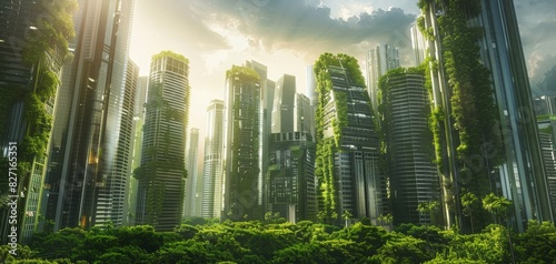 Design a captivating futuristic cityscape where towering skyscrapers are overtaken by vibrant greenery photo