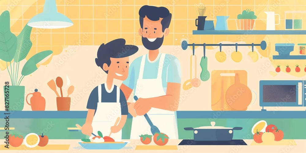 A father and son are cooking together in the kitchen