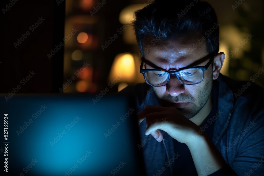 A focused and serious looking man working and thinking hard on a computer A focused and serious looking man working and thinking hard on a computer