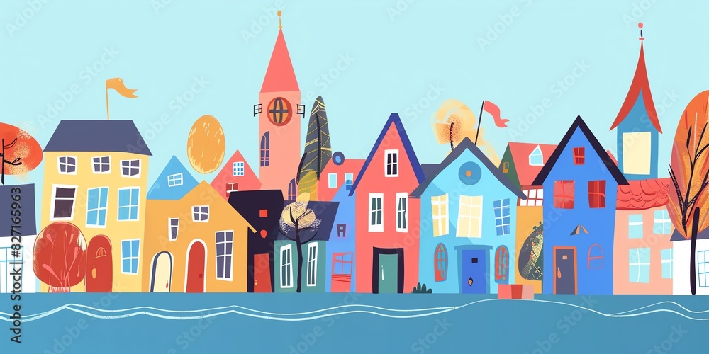 A row of colorful houses with autumn trees and a river in front of them. A row of colorful houses with autumn trees and a river in front of them.