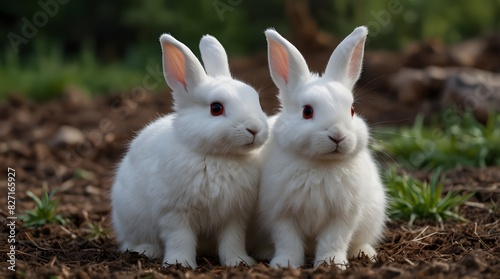 "cute baby white two rabbits, solitary domestic Easter rabbits, fluffy, loving mammal, white with two brothers and sisters, red eyes and ears, soft, clean, young, ball, sweet farm farming breeding" © Kashwat