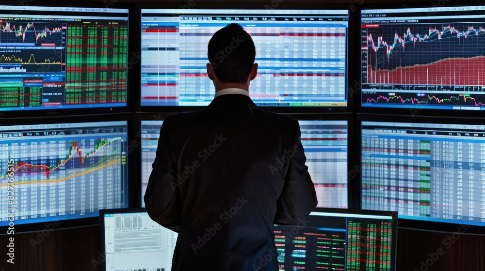 A man is standing in front of a row of computer monitors, focused on the screens displaying data and information A man is standing in front of a row of computer monitors, focused on the screens displaying data and information