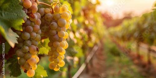 Close-up of a bunch of ripe white grapes in a vineyard photo