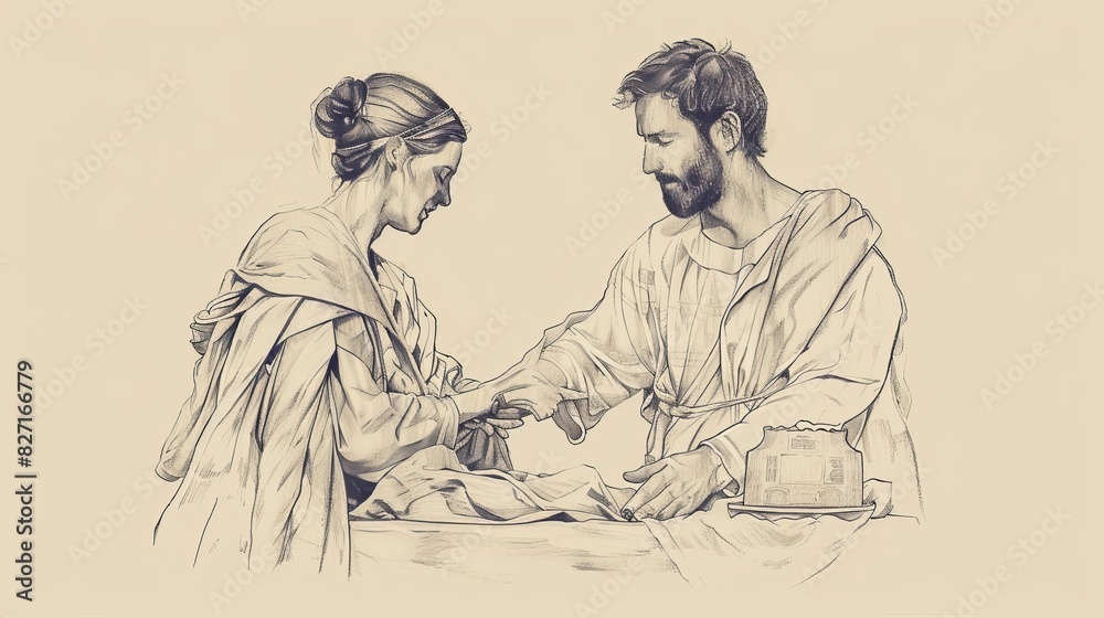 Biblical Illustration of Woman with Issue of Blood Healed by Touching Jesus Garment, Beige Background, Copyspace Biblical Illustration of Woman with Issue of Blood Healed by Touching Jesus Garment, Beige Background, Copyspace