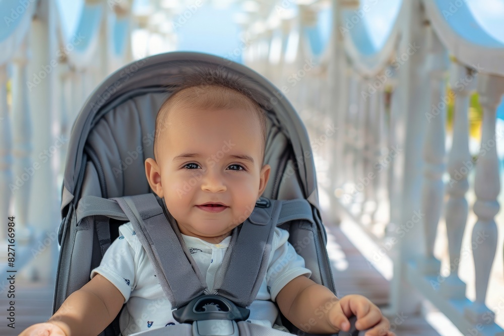 6 months old mixed race baby boy in the stroller on the bridge at summer vacation resort by the seaside ready to explore. Baby on a beach vacation 6 months old mixed race baby boy in the stroller on the bridge at summer vacation resort by the seaside ready to explore. Baby on a beach vacation