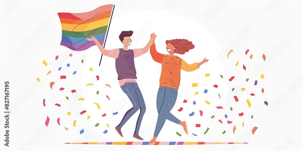 Happy gay couple celebrating with a rainbow flag.