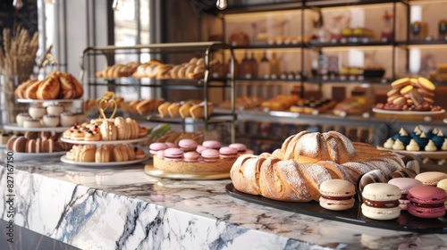 Design a digital illustration with a high-angle perspective featuring a sophisticated bakery display in photorealistic detail