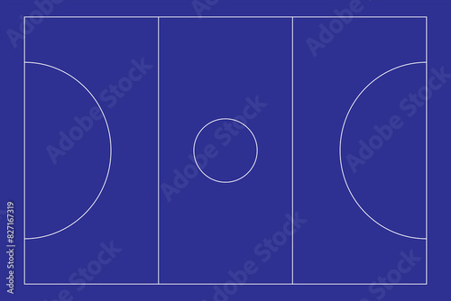 Recreational sport of Netball court in United Kingdom looking at an empty blue vector court with white lines.	
