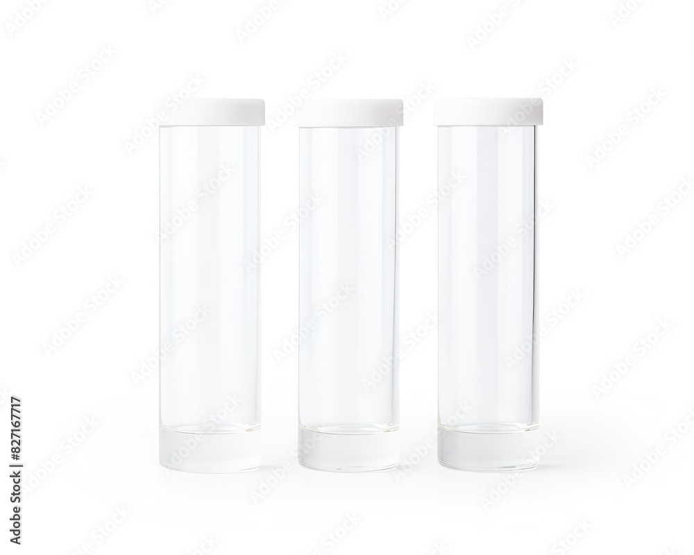 Three clear empty plastic test tubes with white caps isolated on a white background, ideal for laboratory and science concepts. Three clear empty plastic test tubes with white caps isolated on a white background, ideal for laboratory and science concepts.