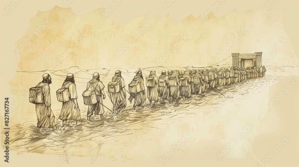 Biblical Illustration of Israelites Crossing Jordan River on Dry Ground