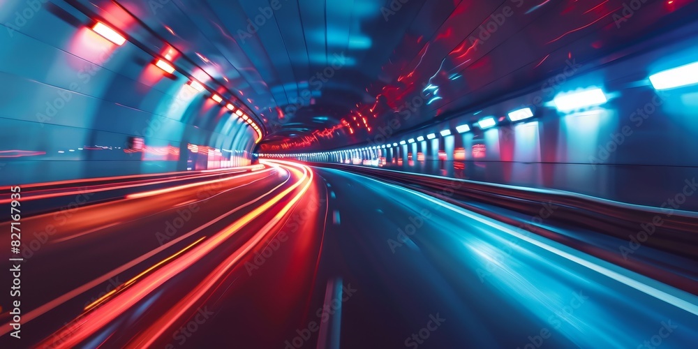 The photo shows a tunnel with red and blue lights. The lights are blurred, which indicates that the photo was taken while the camera was moving. The photo shows a tunnel with red and blue lights. The lights are blurred, which indicates that the photo was taken while the camera was moving.