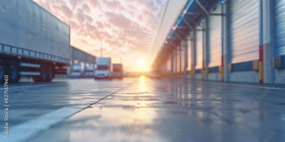 Obraz premium The semi-trucks are parked outside the warehouse at sunset.